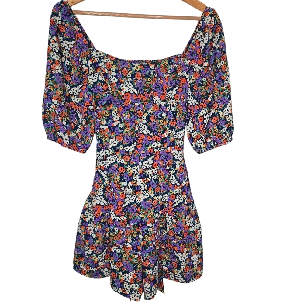 Traffic People Womens Colorful Floral Print Smocked Puff Sleeve Romper Small